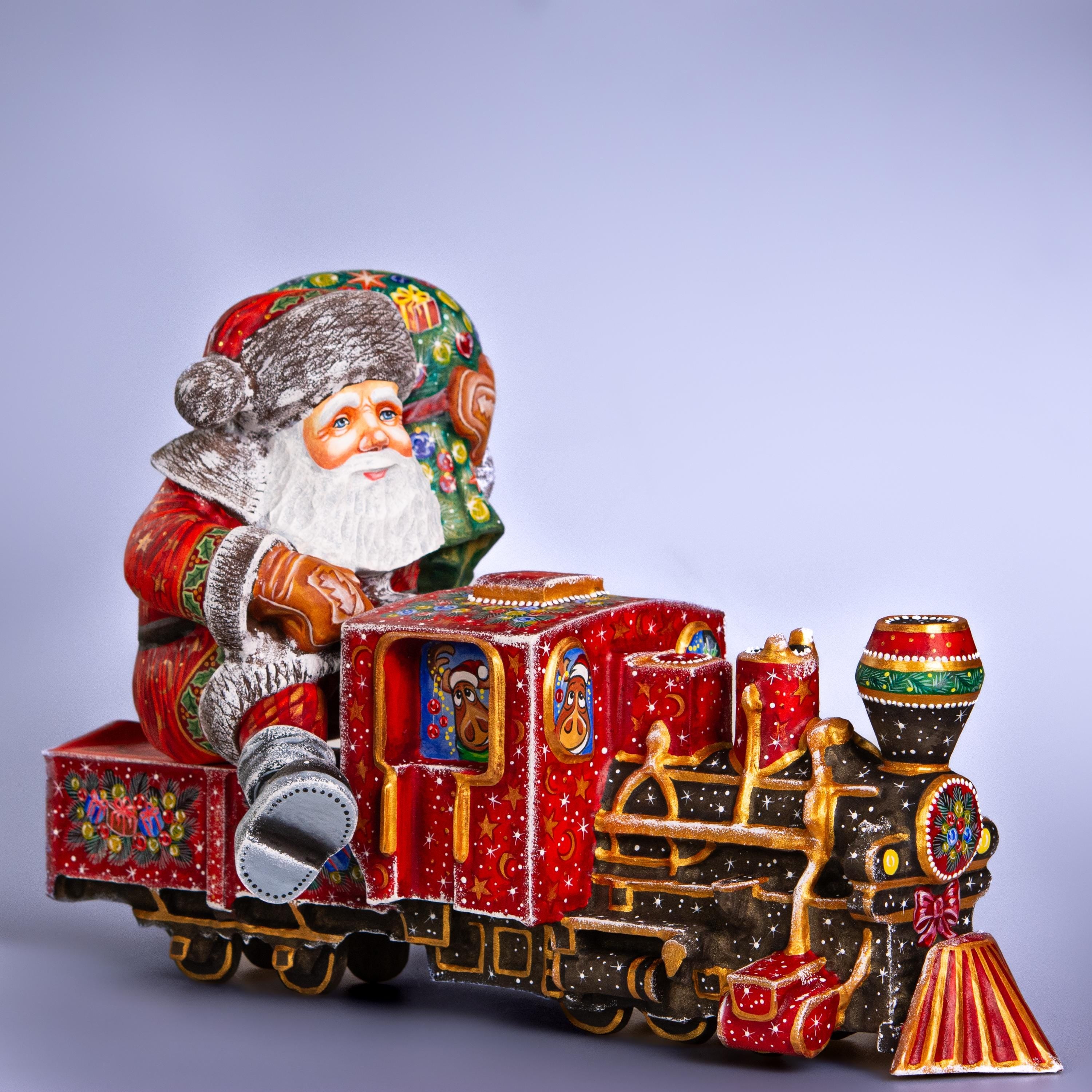 Hand-Carved Wooden Santa Claus Riding Christmas Train – Holiday Tabletop Decor – Collectible Xmas Gift