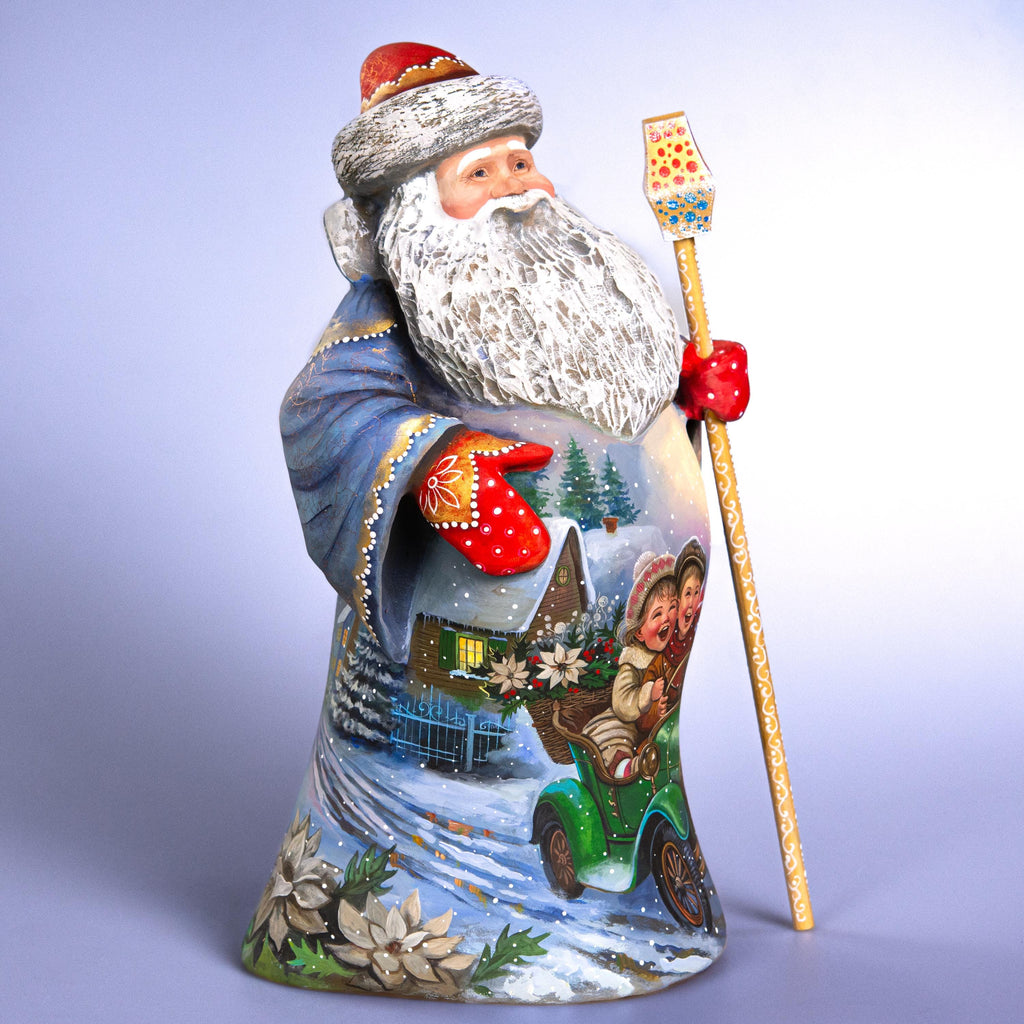 Hand Carved Wooden Santa Statue 14", Children in Green Car, Old World