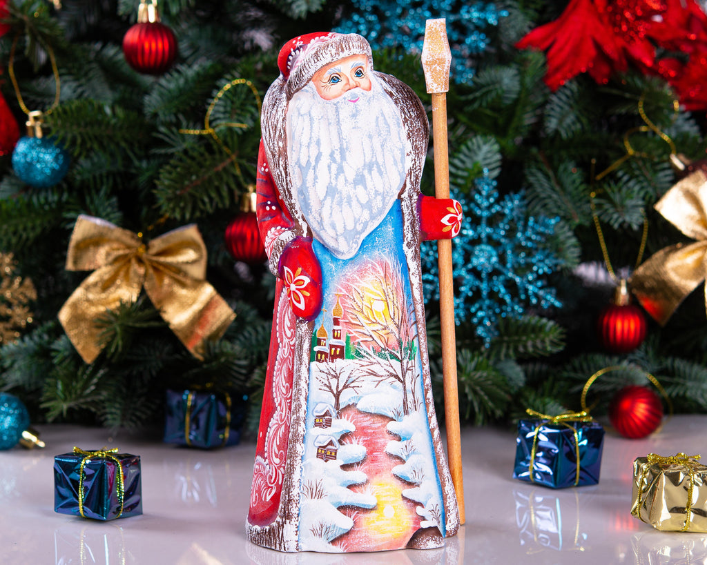 Russian Santa wooden figurine 9 inch, snow covered cottages painting, classic Christmas mantel display