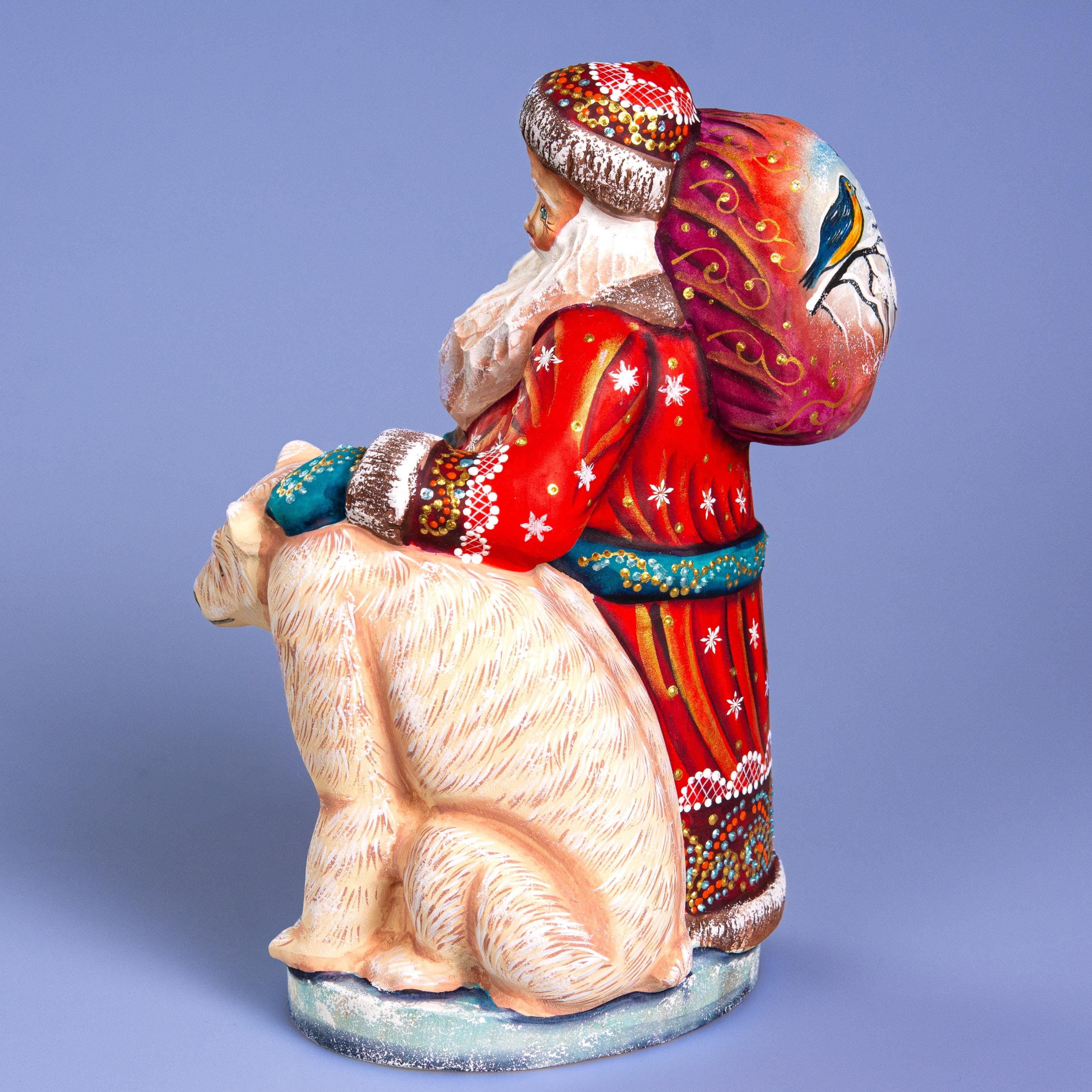 Collectible Wooden Santa Figurine 9" with Polar Bear, Mantel Décor