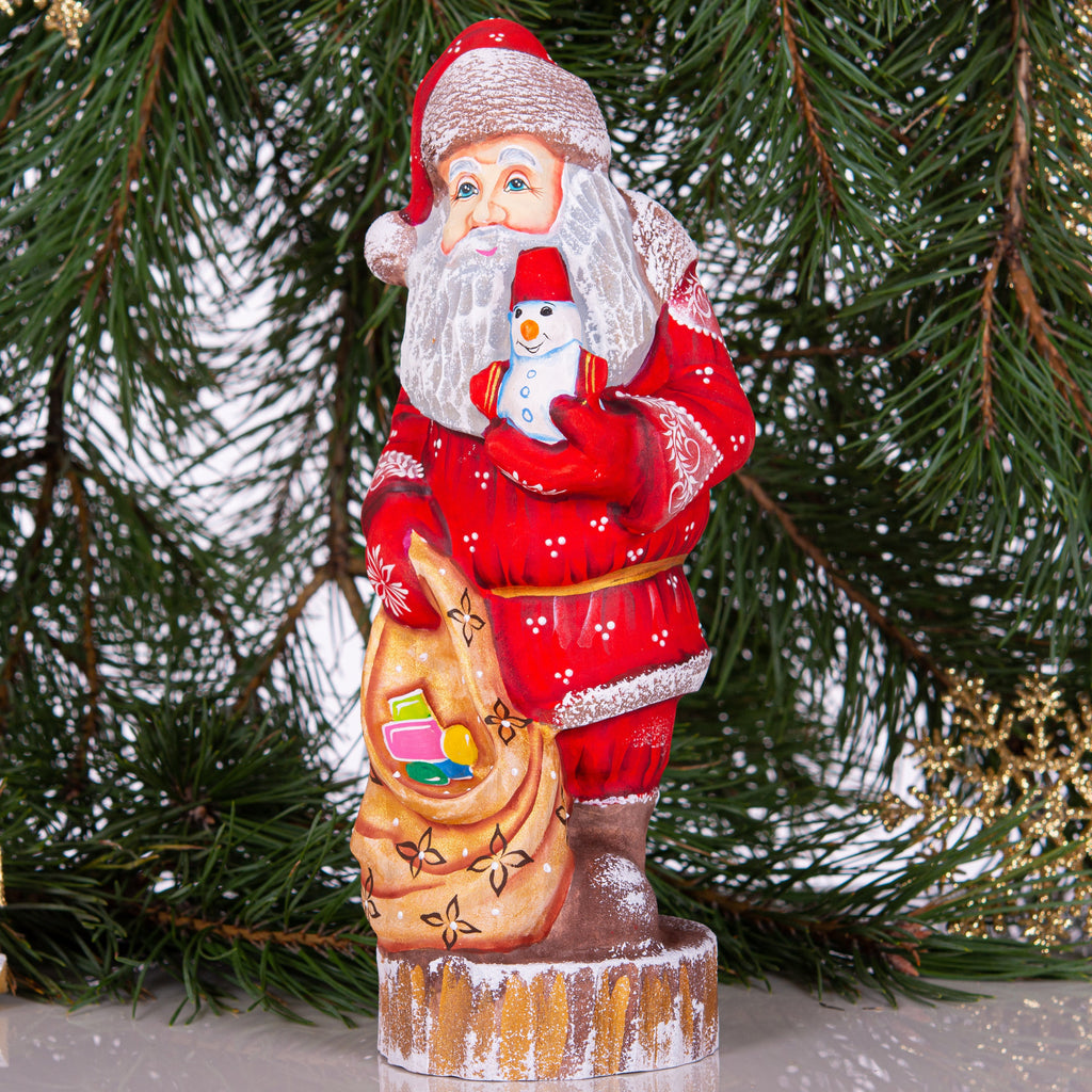 Hand carved Santa wood figurine 10 inch, snowman toy, gift sack, Christmas mantel decor