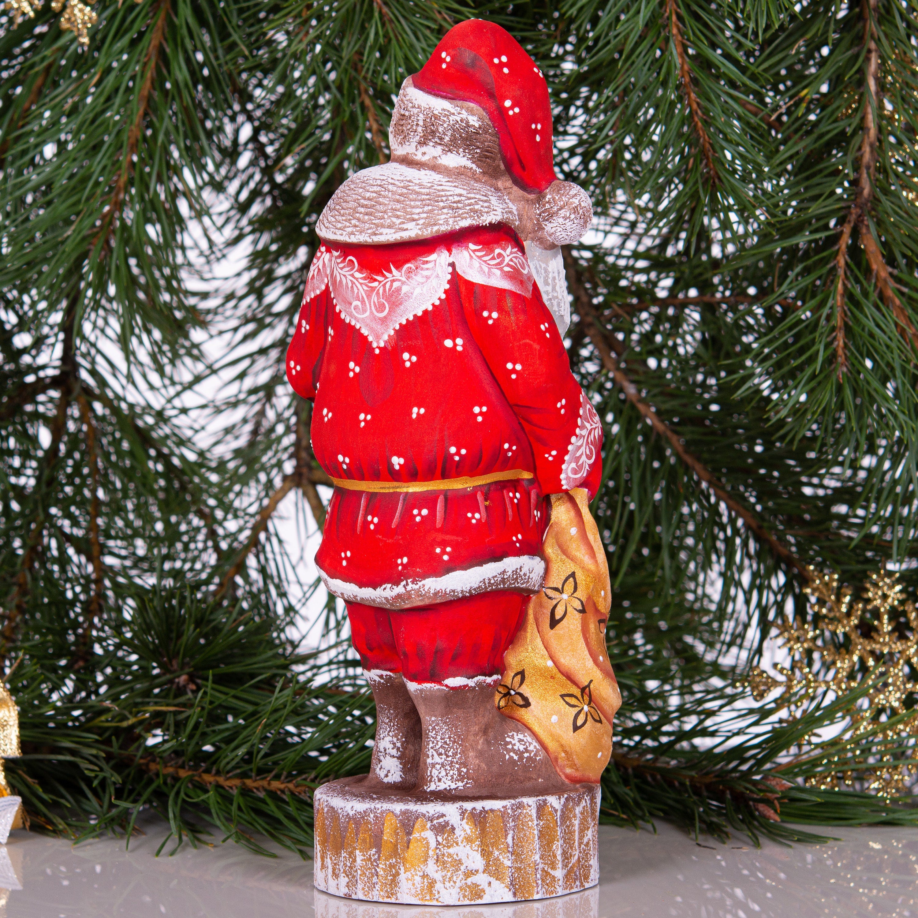 Hand carved Santa wood figurine 10 inch, snowman toy, gift sack, Christmas mantel decor