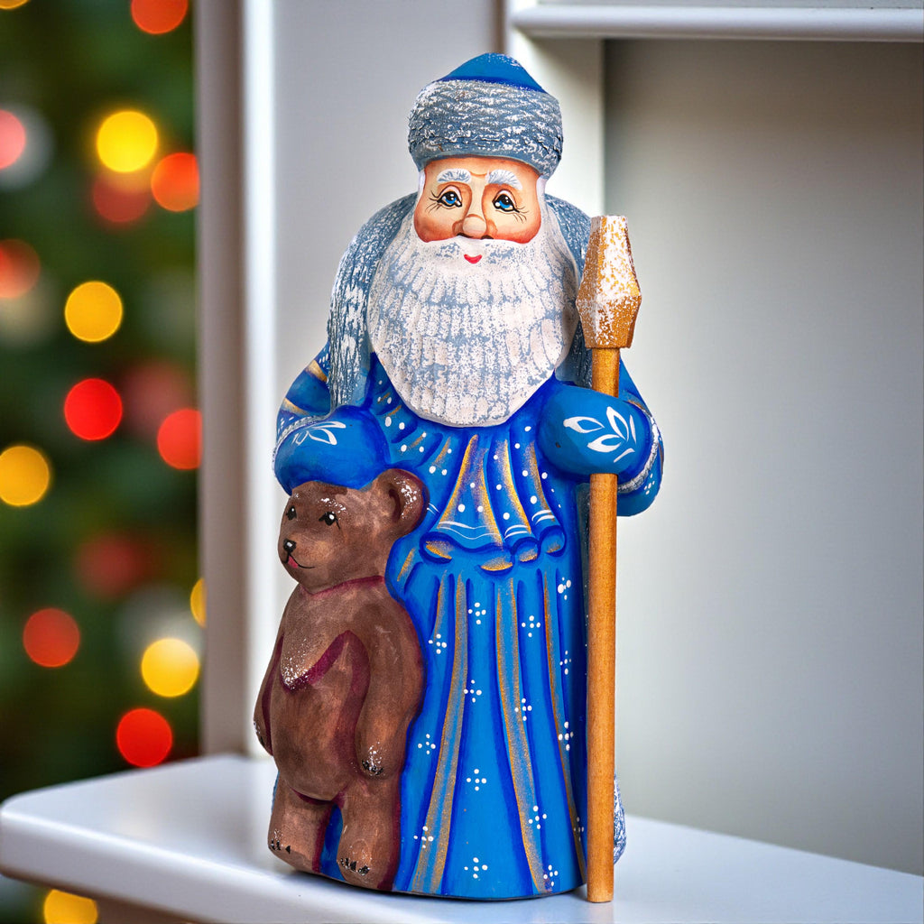 Old World Father Christmas Figurine 8 inch, Blue Robe, Santa with Bear, Hand Painted