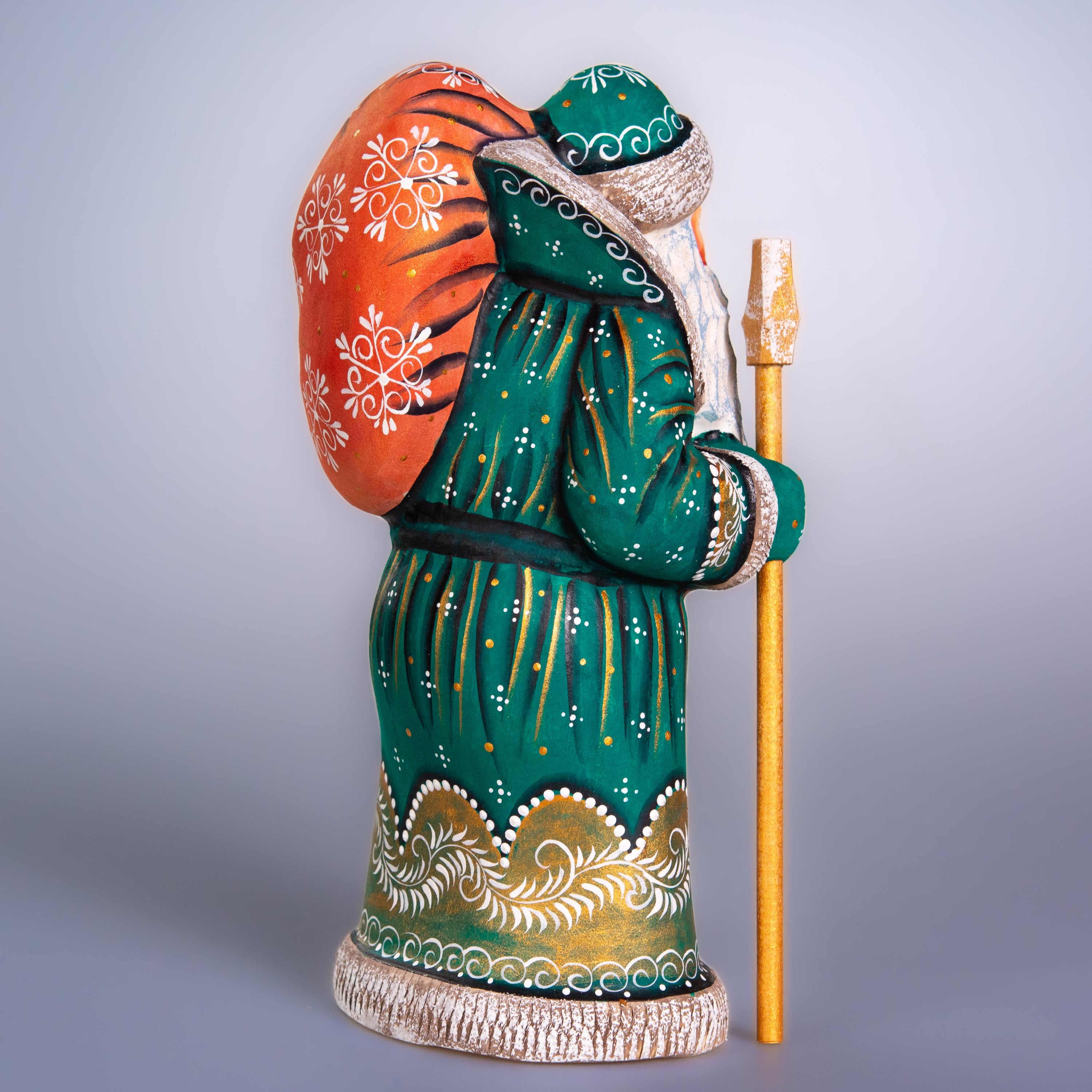 Hand carved Old-World Santa wooden figurine 9 inch, staff and gift sack, mantel decor