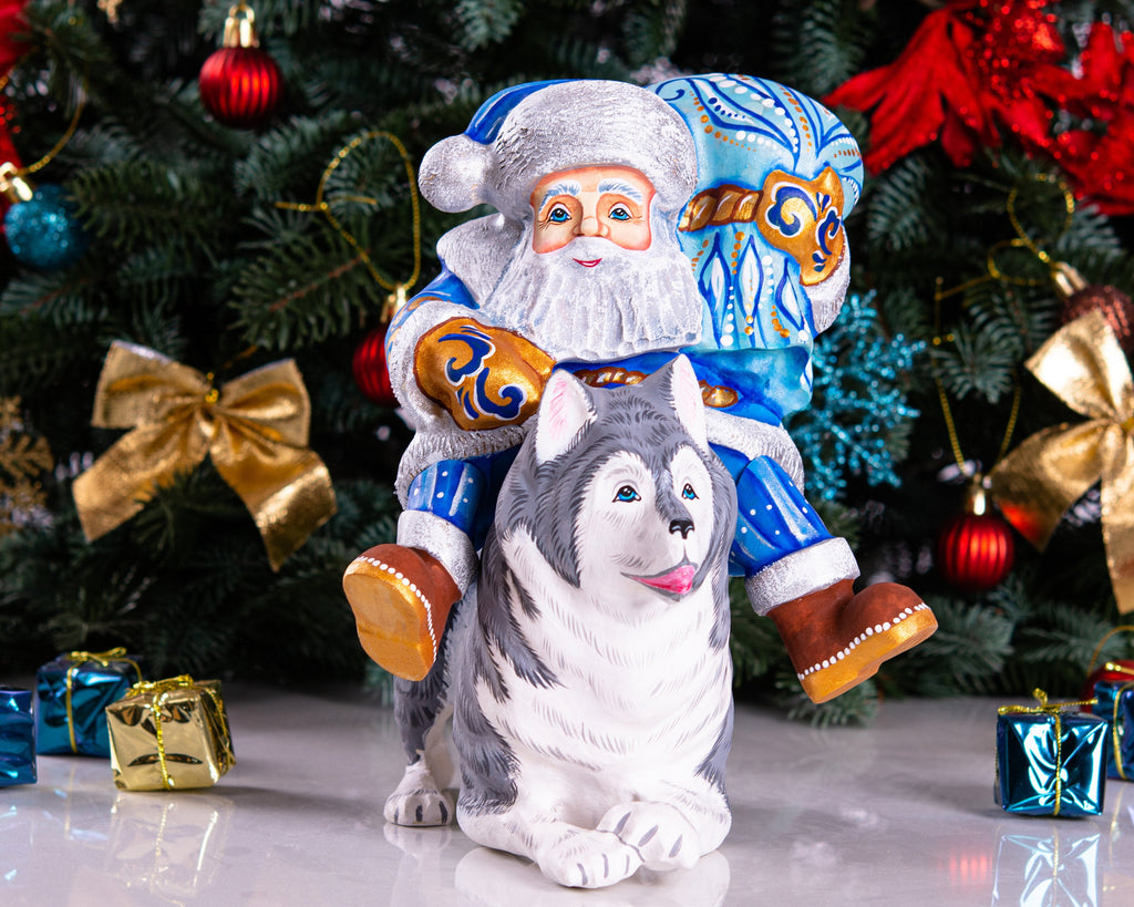 Hand carved Santa riding husky dog wood carving 9 inch, rustic holiday centerpiece
