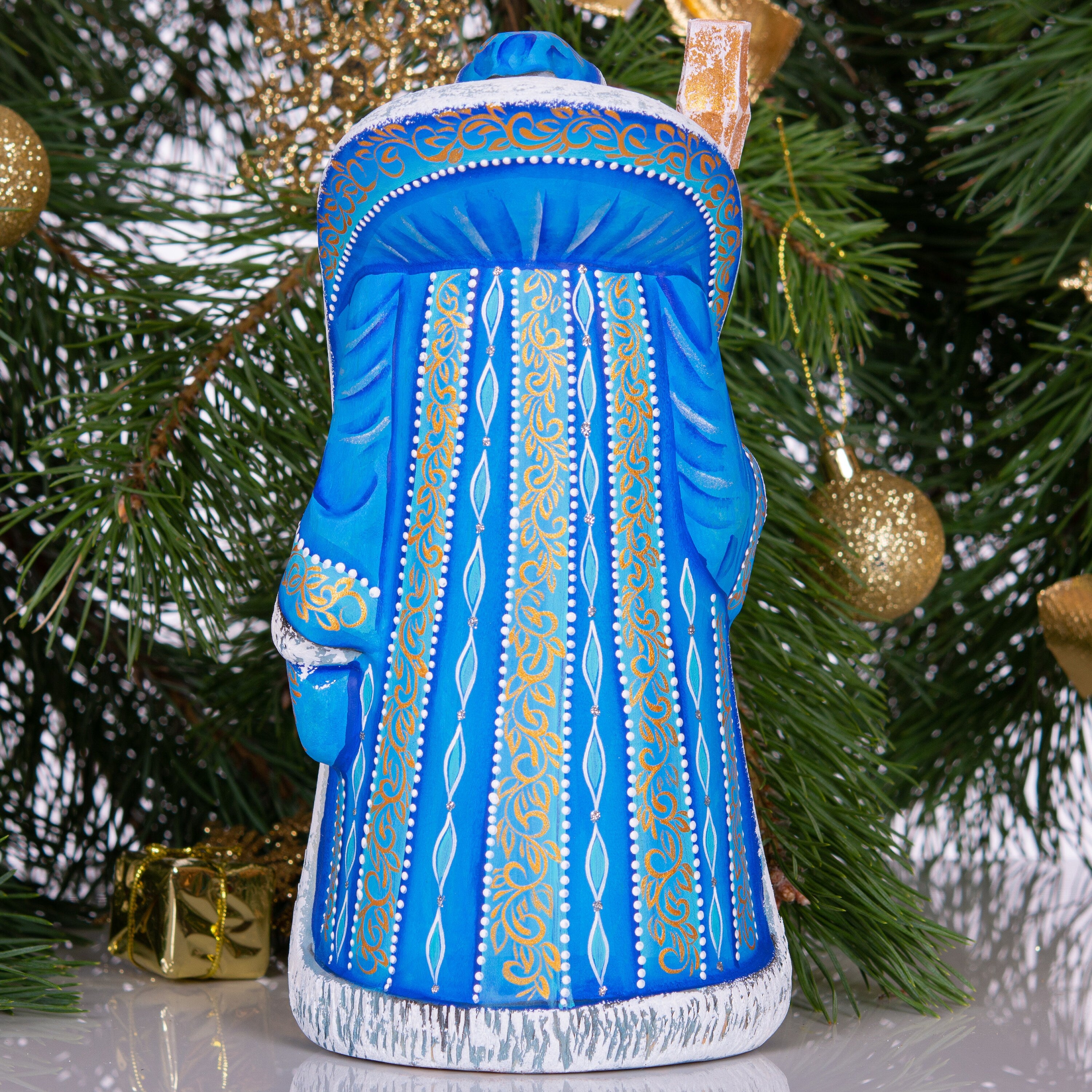 Santa figurine with staff, carved wood, Holy Family art, 9.1 inch
