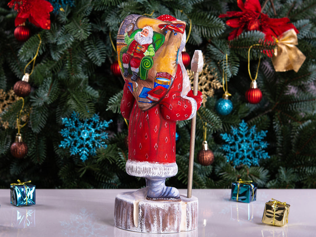 Hand carved wooden Santa figurine 11 inch, workshop fireplace scene, rustic mantel centerpiece decor