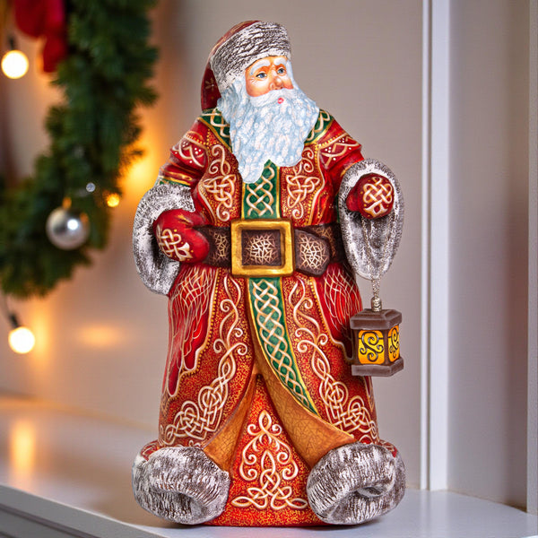 Hand carved wooden Santa figurine 14 inch, Celtic knot pattern, lantern display