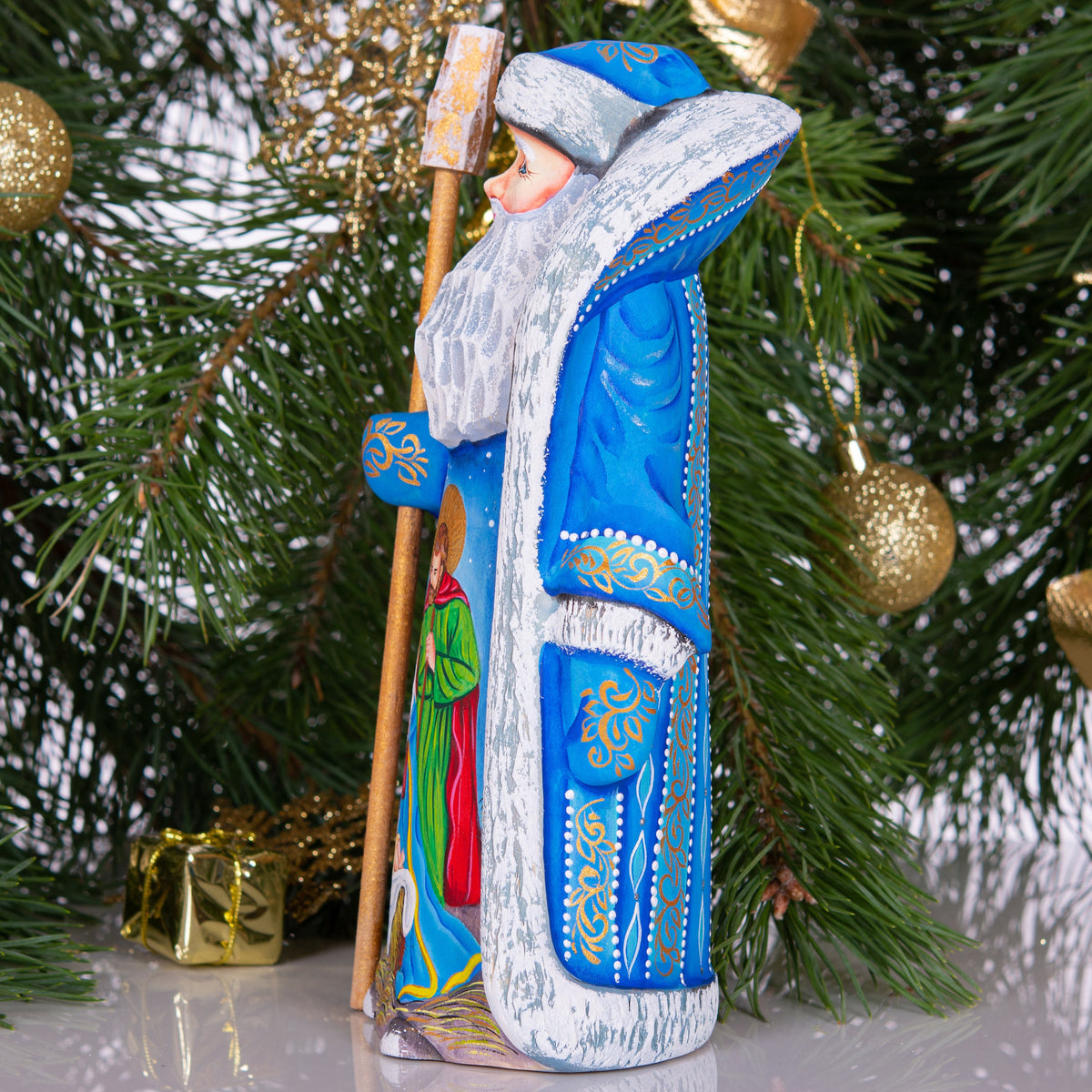 Santa figurine with staff, carved wood, Holy Family art, 9.1 inch