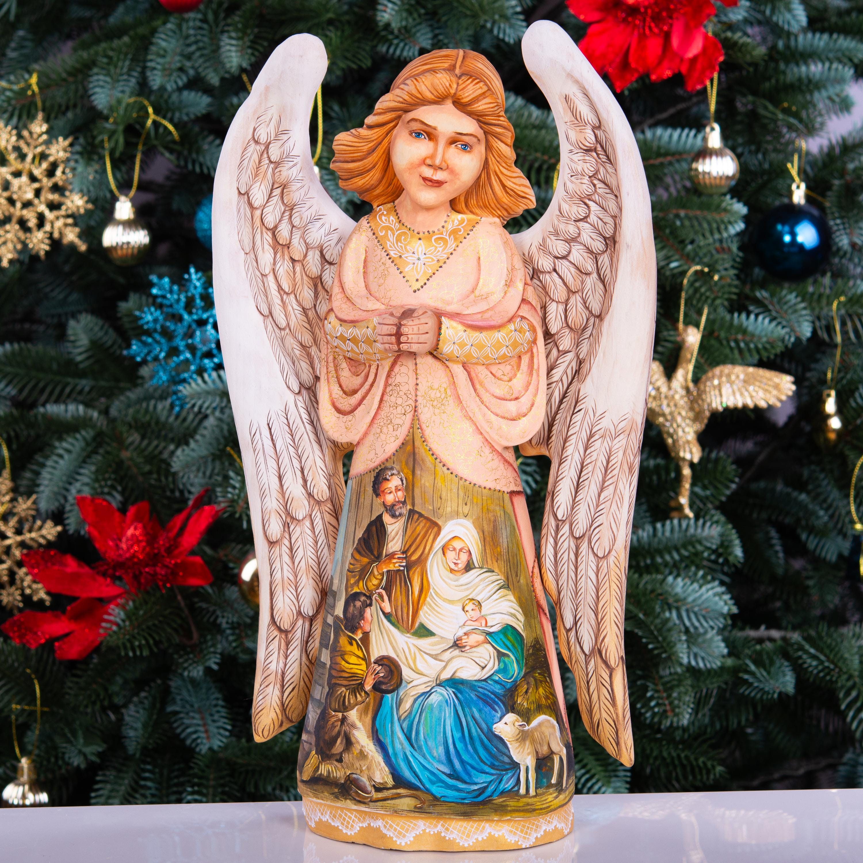 Hand Carved Wood Angel Statue: Nativity Art, Christian Decor