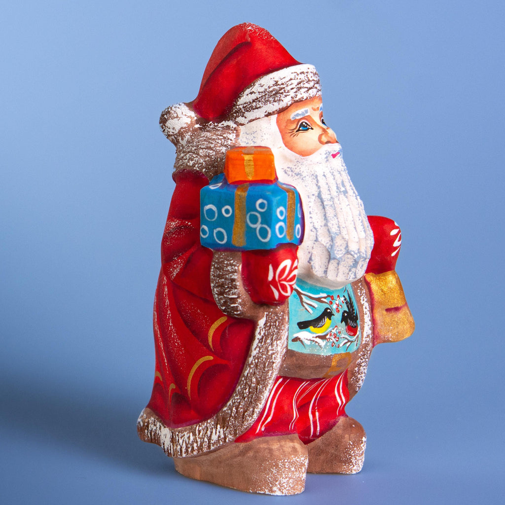 Carved wood Santa figurine with songbirds collector gift 5.5 inch