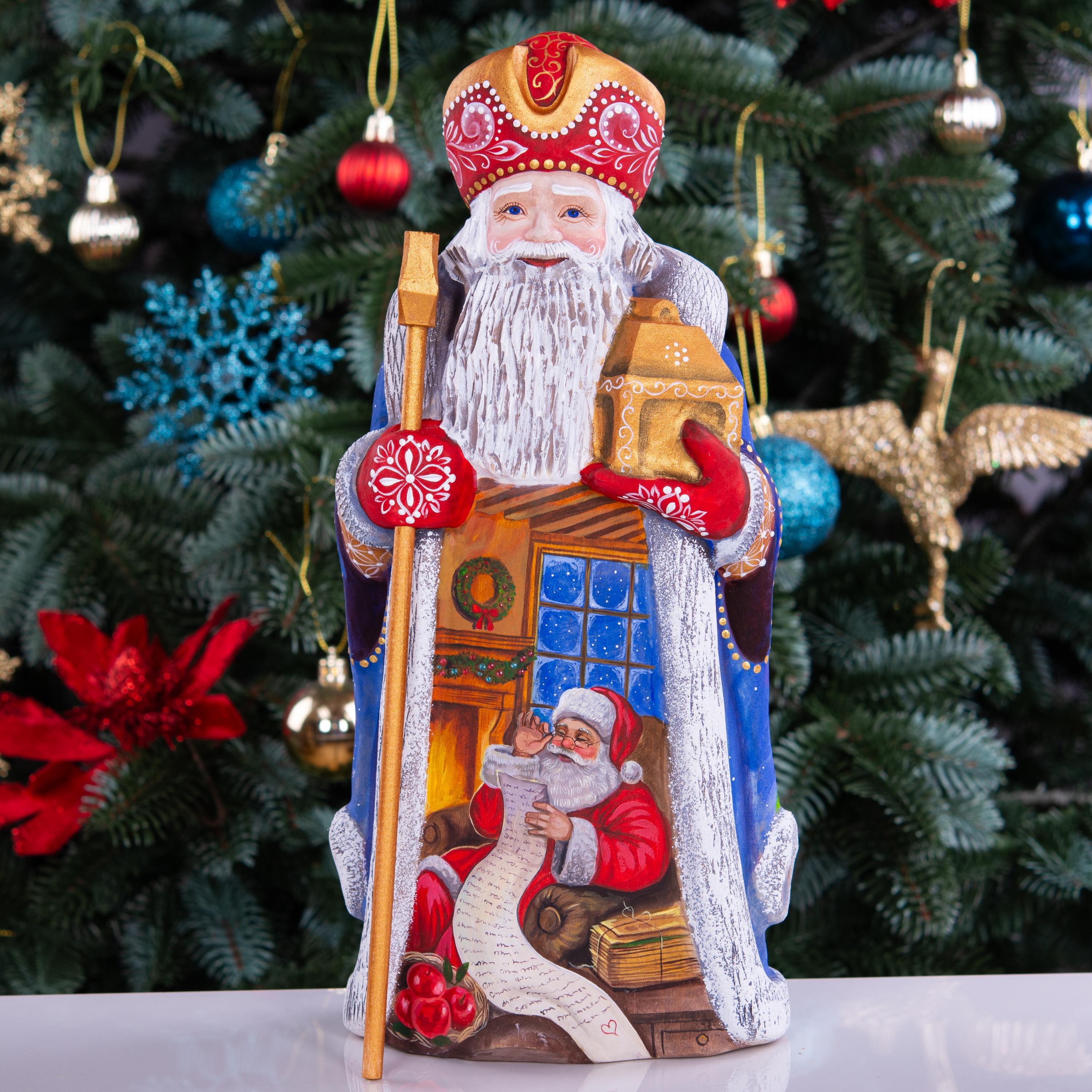 Large Santa Claus figurine, artisan hand painted carved wood, 11.8 inch