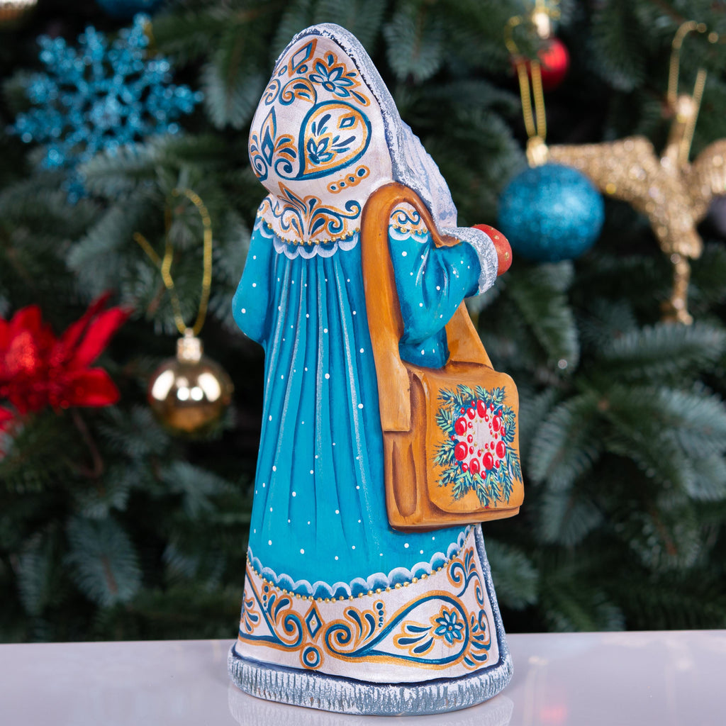 Wooden Santa Figurine Hand Carved 8.7" – Hooded Blue Father Christmas