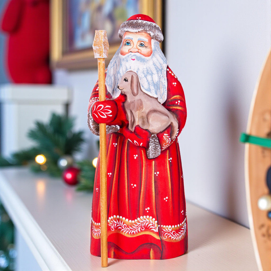 Hand Carved Wooden Santa Figurine with Puppy: Folk Art Christmas Decor