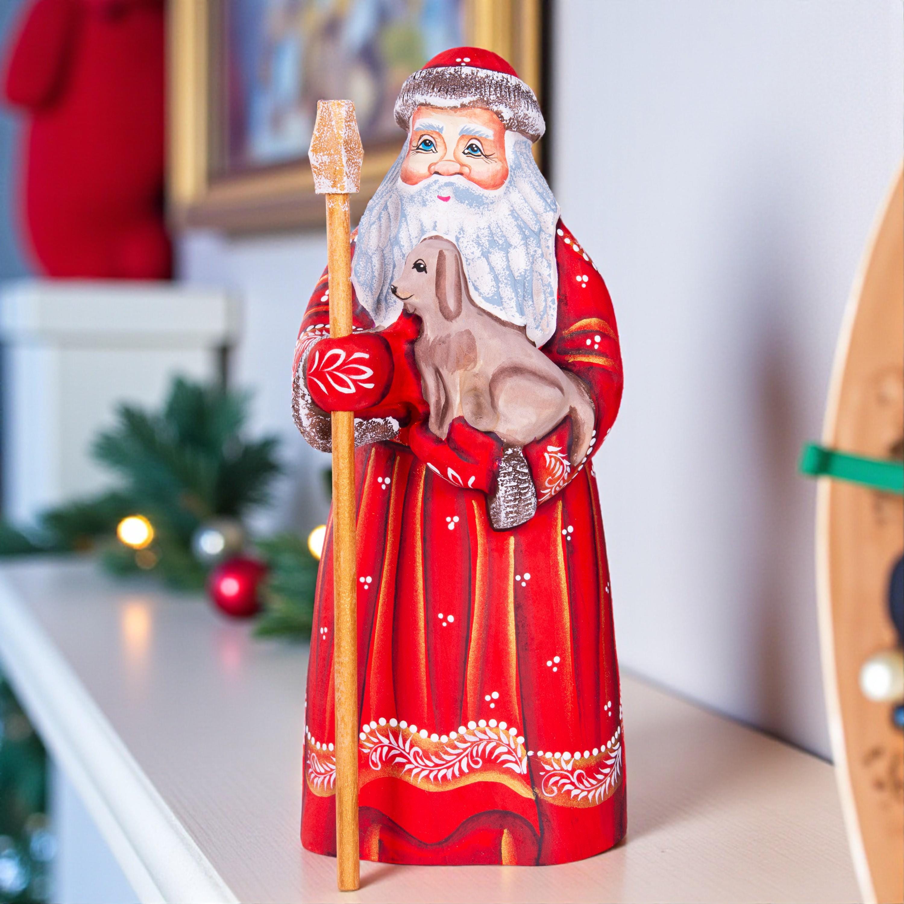 Hand Carved Wooden Santa Figurine with Puppy: Folk Art Christmas Decor