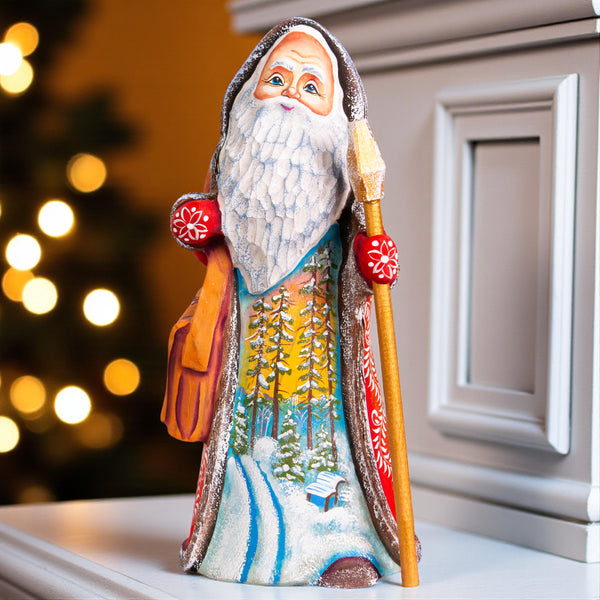 Hand carved Santa wooden figurine 9.1 inch with staff, winter forest scene mantel decor