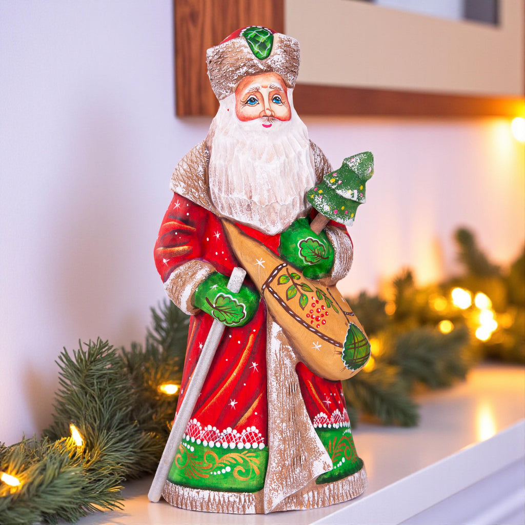 Hand-Carved Wooden Saint Nicholas Figurine 9", Small Tree, Christmas Shelf Decor