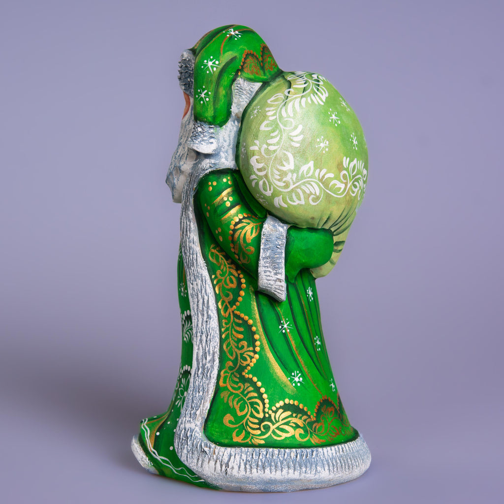 Hand carved wooden Santa figurine 9.1 inch, green coat, gift sack, holiday shelf decor