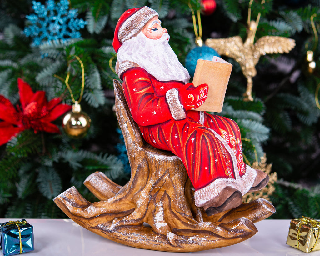 Hand carved wooden Santa figurine 9.4 inch, rocking chair Christmas story decor