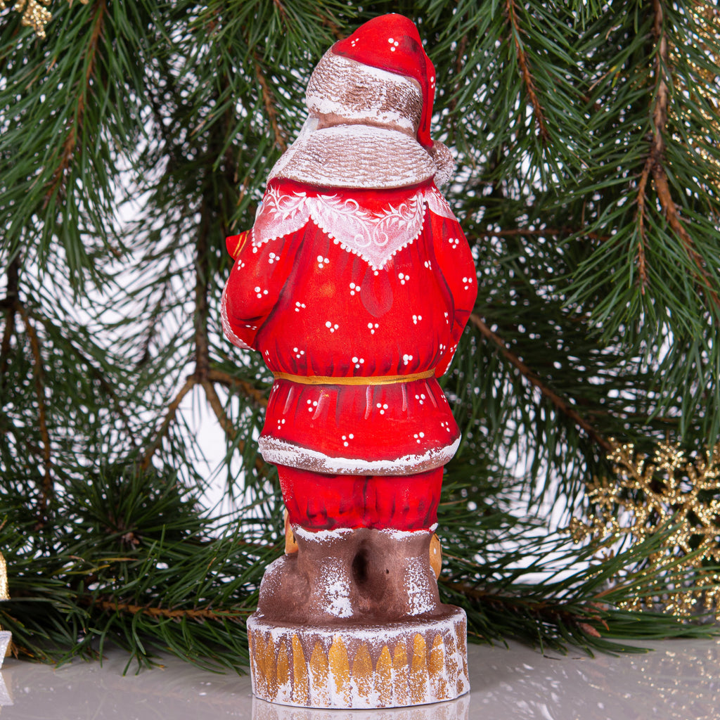 Hand carved Santa wood figurine 10 inch, snowman toy, gift sack, Christmas mantel decor