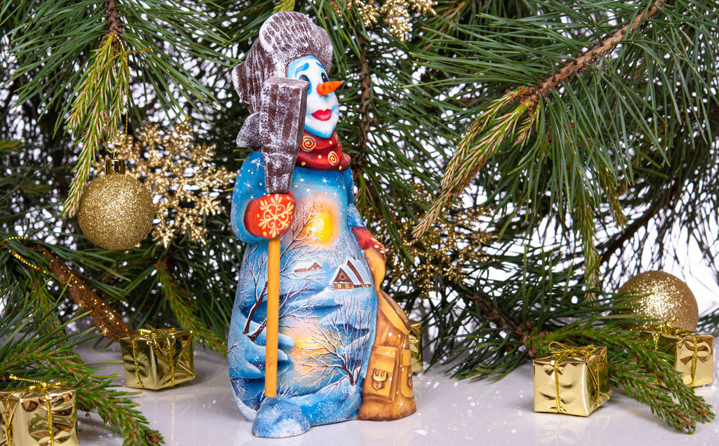 Snowman wooden statue 8 inch, holding broom, tabletop Christmas accent