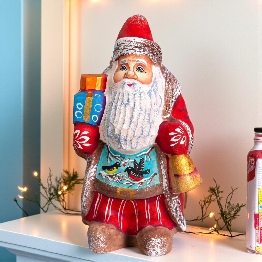 Carved wood Santa figurine with songbirds collector gift 5.5 inch