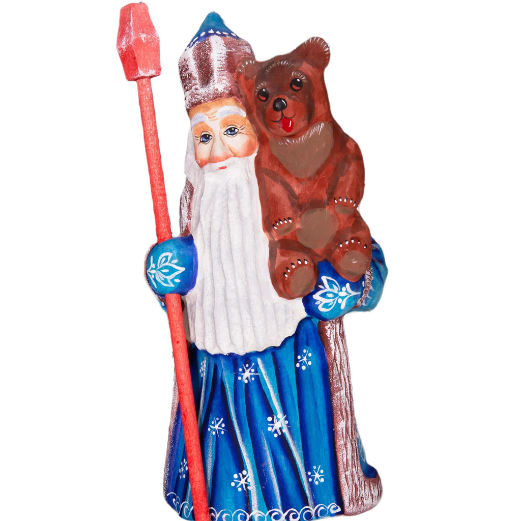 Old World Santa figurine 8.5 inch, carved wood, blue coat, holding bear, mantel display
