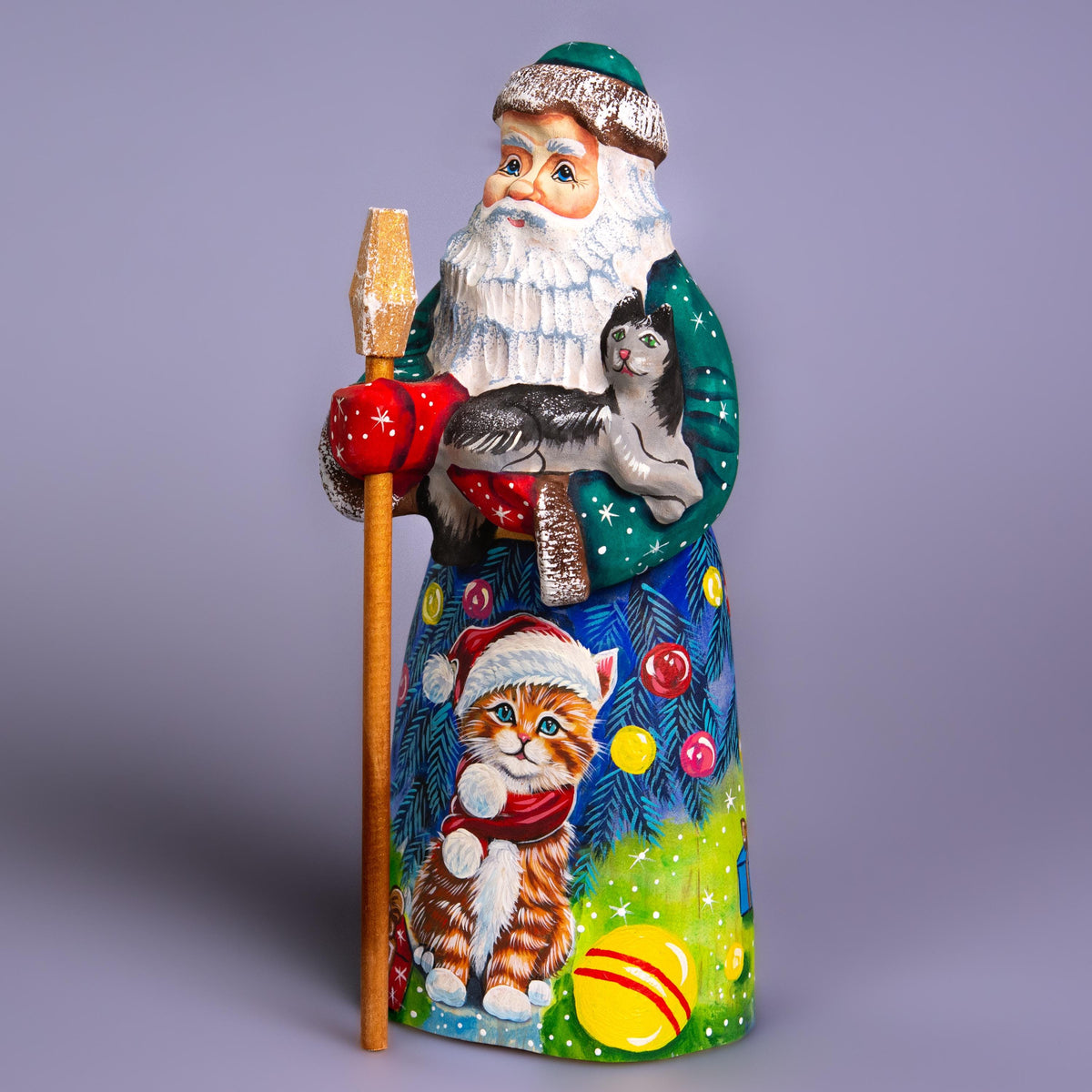 Hand carved Santa with kitten wood figurine 9 inch, cat lover mantel decor
