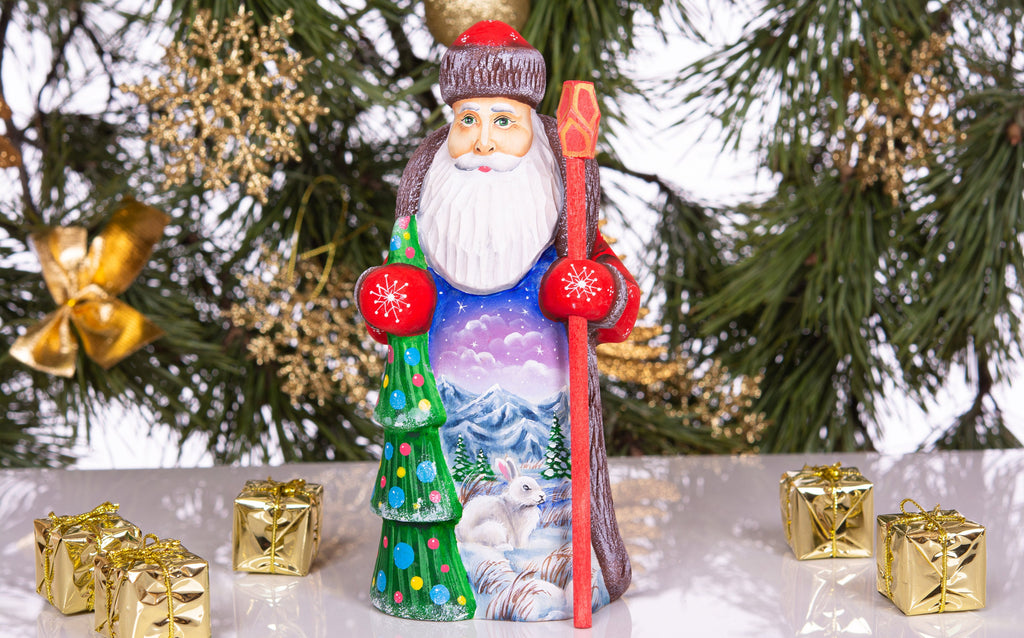 Woodland Santa wooden figurine 8 inch, snowy mountains and bunny, holiday shelf display