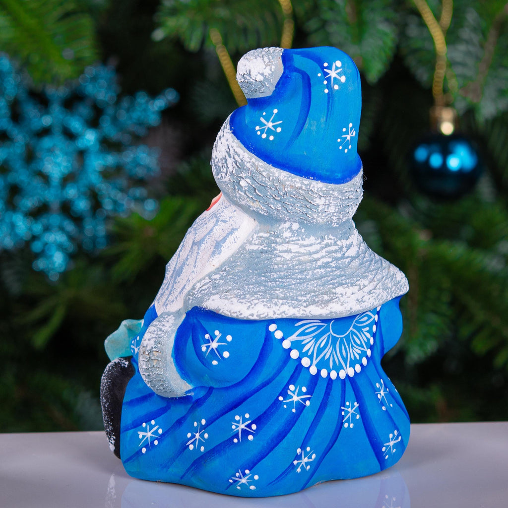 Hand carved blue Santa figurine 5 inch, winter birds scene decor