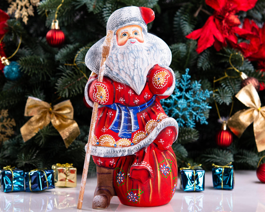 Hand carved Santa wooden figurine 9.5 inch, toy sack, mantel decor