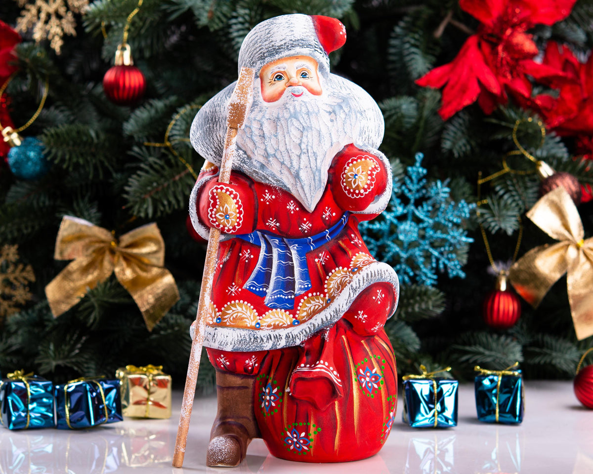 Hand carved Santa wooden figurine 9.5 inch, toy sack, mantel decor