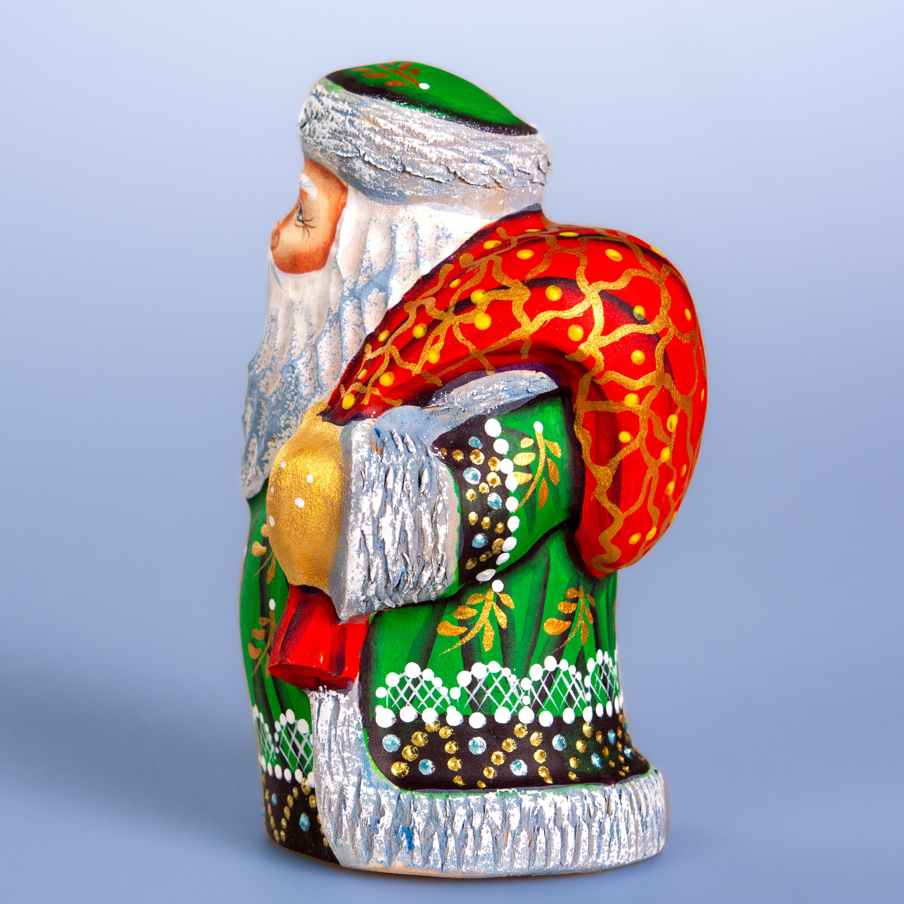 Hand carved Santa wooden figurine 5.1 inch, green coat shelf decor