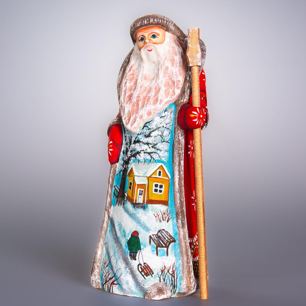 Hand Carved Wooden Santa Figurine, Winter Cottage Scene