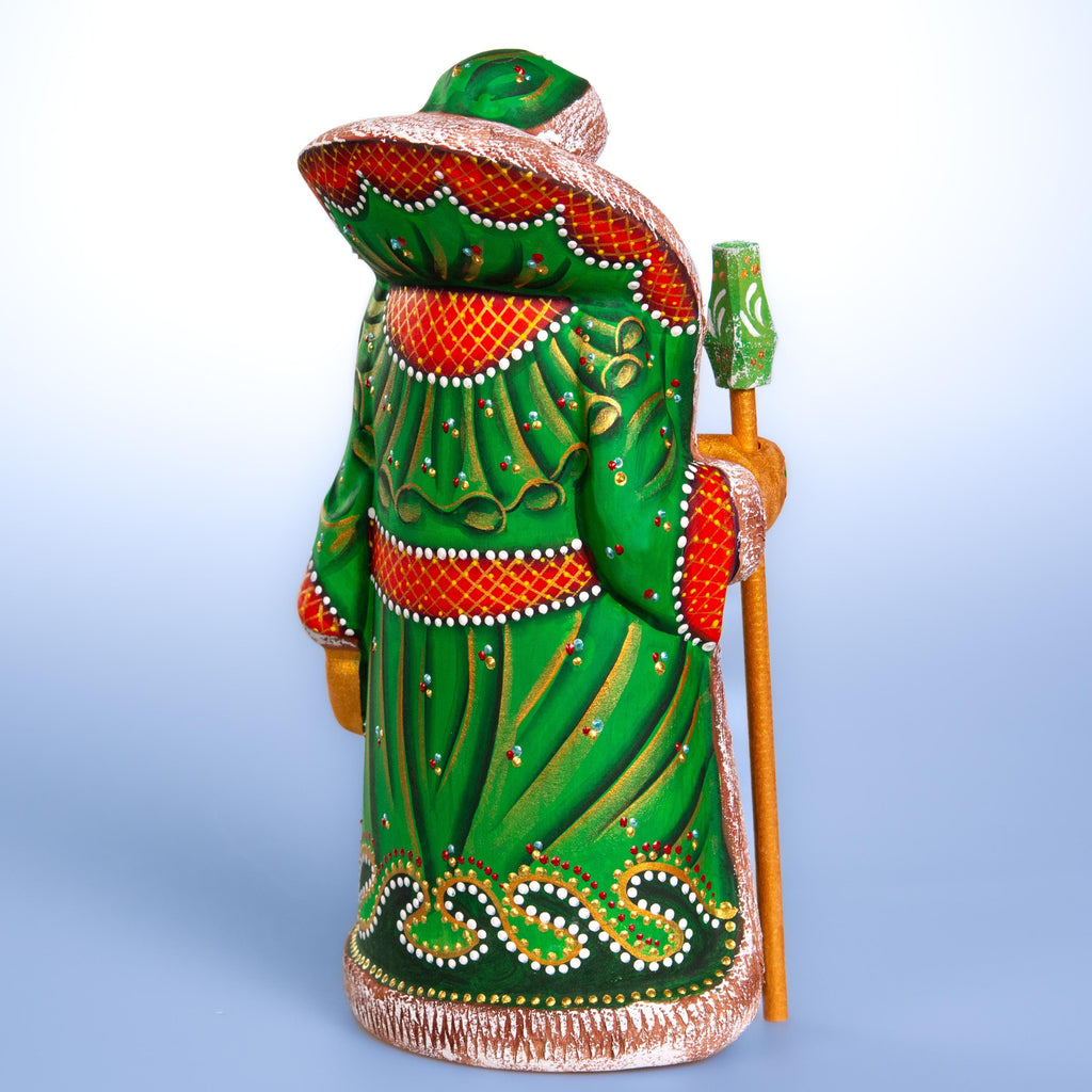 Hand carved Santa wooden figurine 9.5 inch, green coat mantel decor
