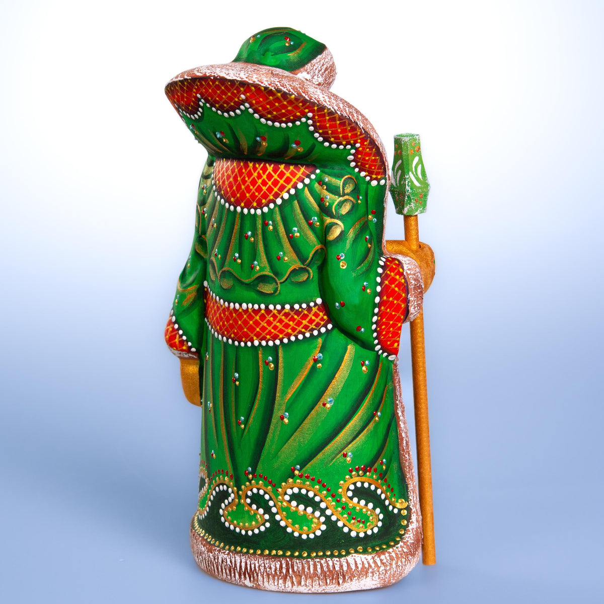 Hand carved Santa wooden figurine 9.5 inch, green coat mantel decor