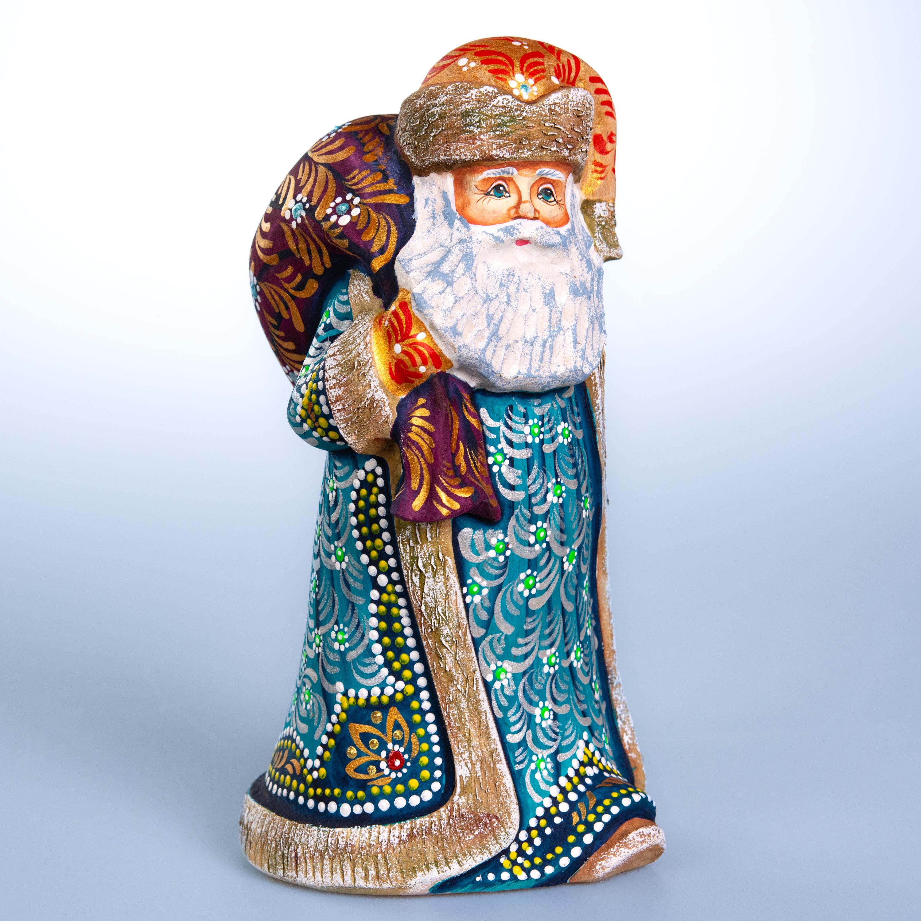 Old World Santa wooden figurine 9 inch, teal coat, shelf decor