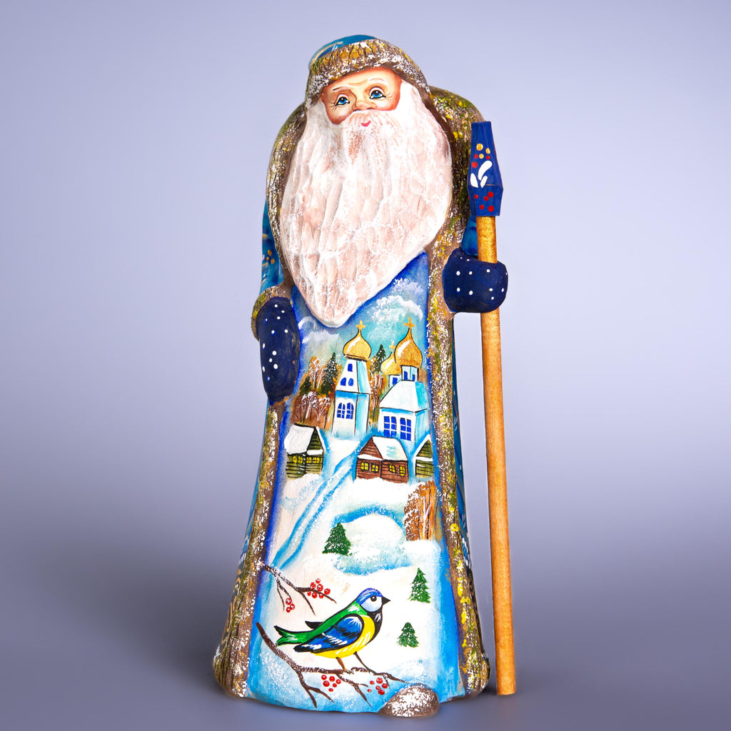 Hand Carved Wooden Santa Figurine 9 inch, Blue Coat, Winter Church