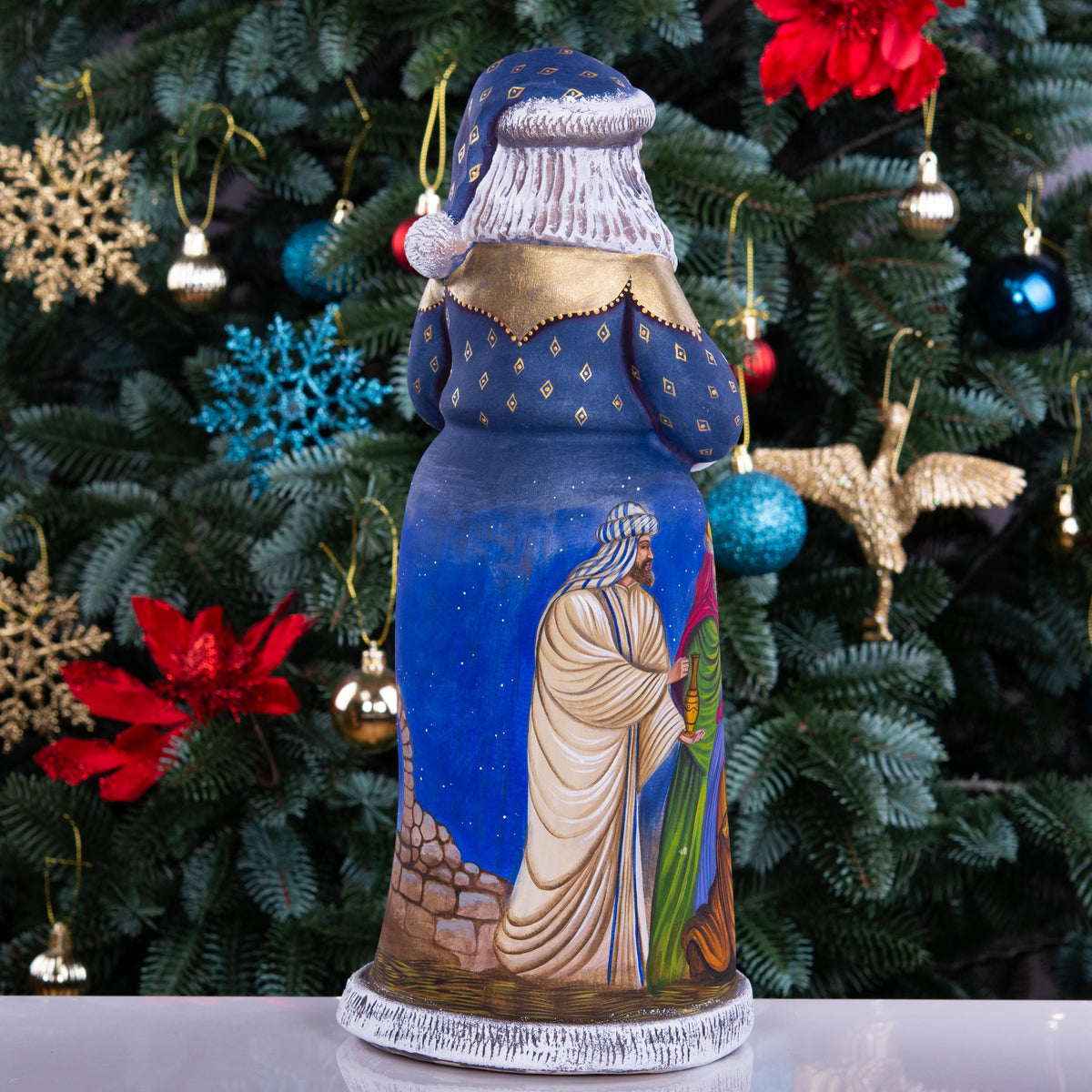 Praying Santa nativity wood figurine 14 inch, Holy Family scene, religious Christmas centerpiece