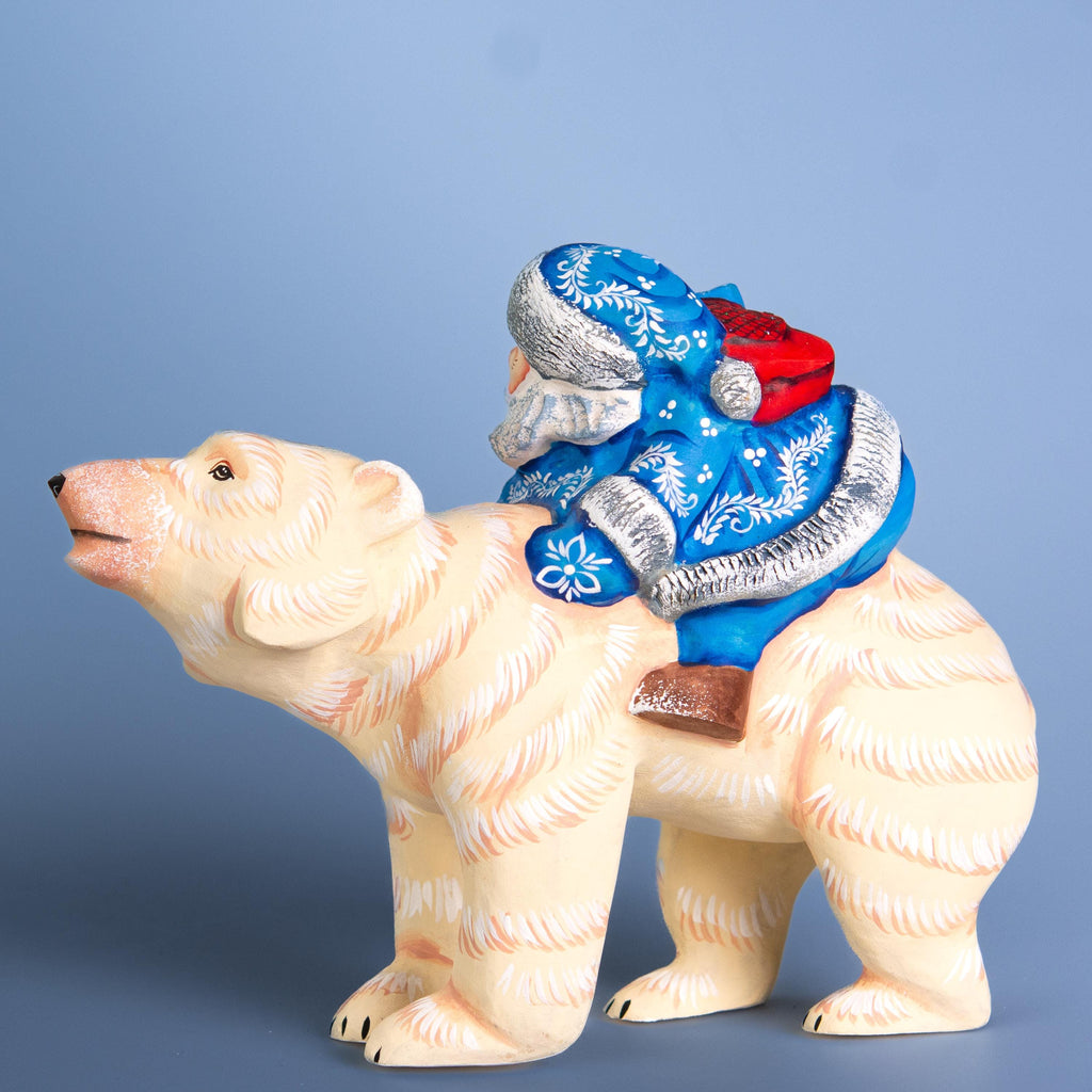Old World Santa Riding Bear Figurine 9 inch Long, Hand Carved Wood
