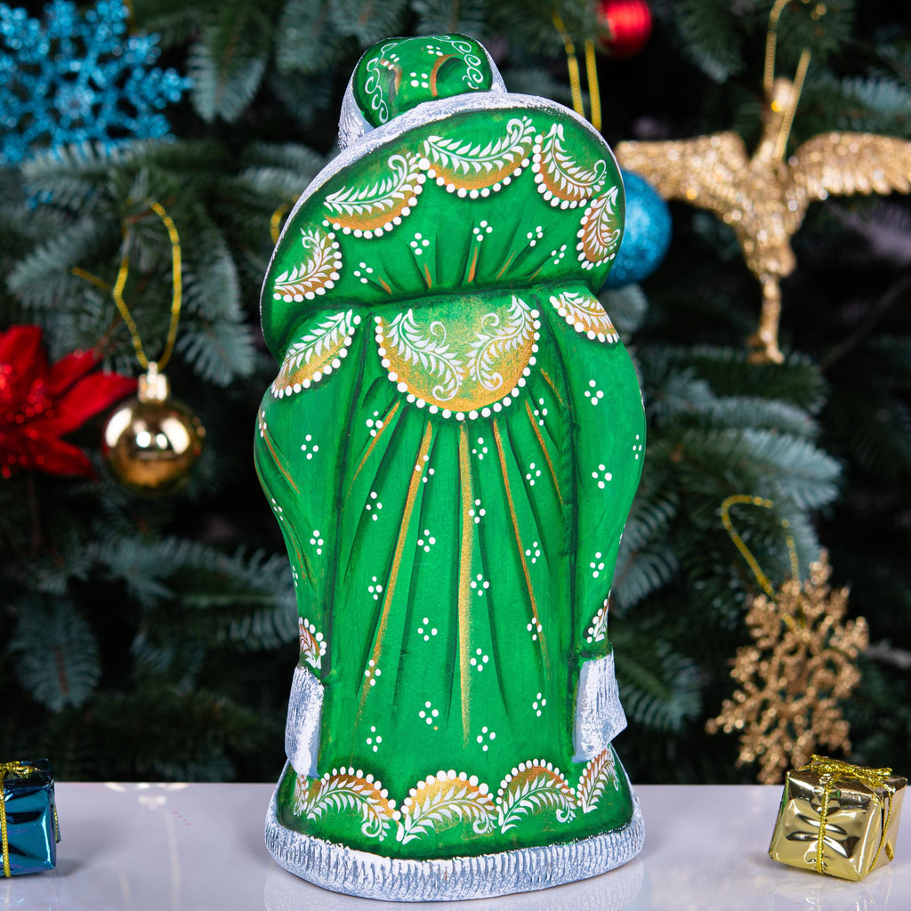 Green Santa wooden figurine 9.5 inch, hand carved Christmas mantel decor