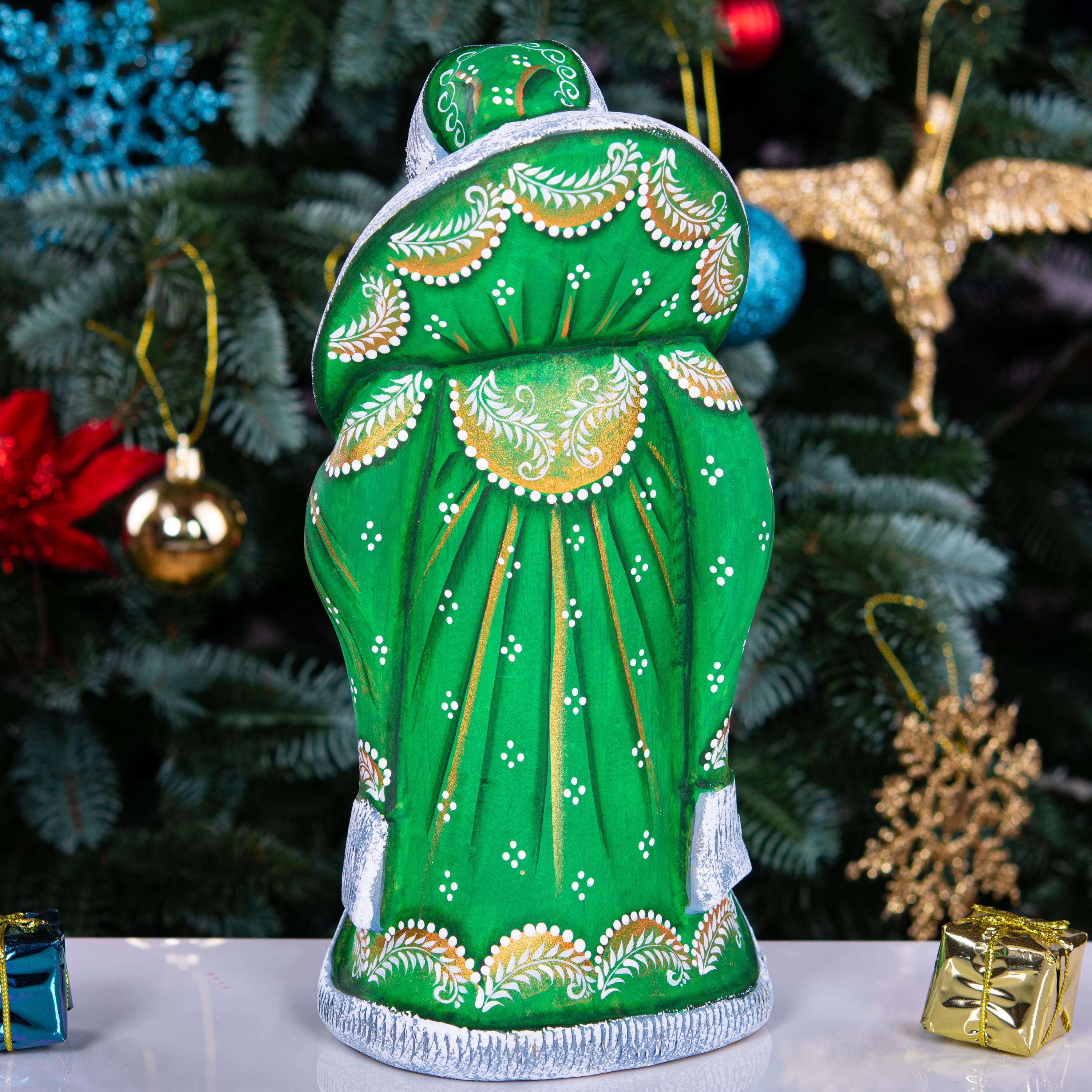 Green Santa wooden figurine 9.5 inch, hand carved Christmas mantel decor