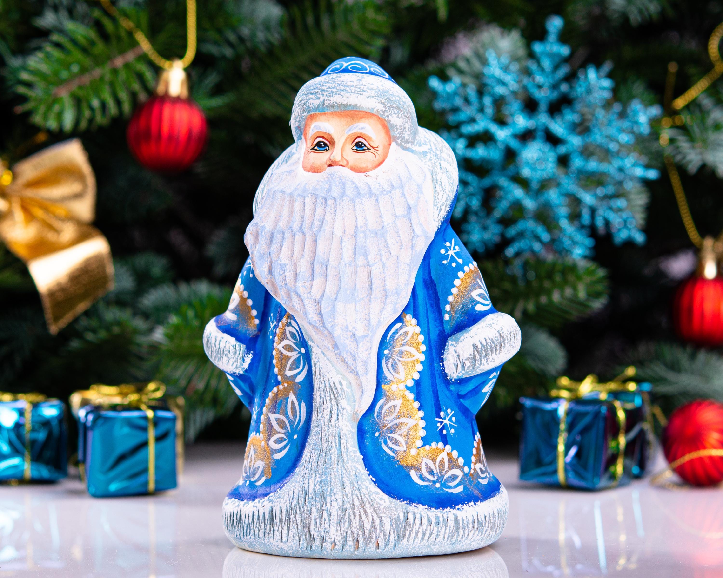 Father Frost Figurine Hand Carved Wood Long Blue Robe 6″