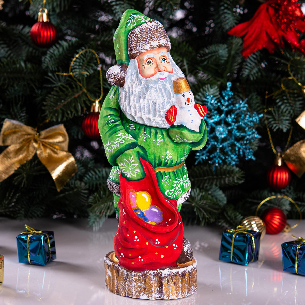 Collectible Santa figurine with snowman, folk art mantel decor, 10.2 inch