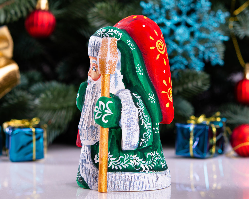Hand carved green Santa wooden figurine 5 inch, folk art mantel decor