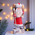 Hand carved wooden Santa figurine 11 inch, workshop fireplace scene, rustic mantel centerpiece decor
