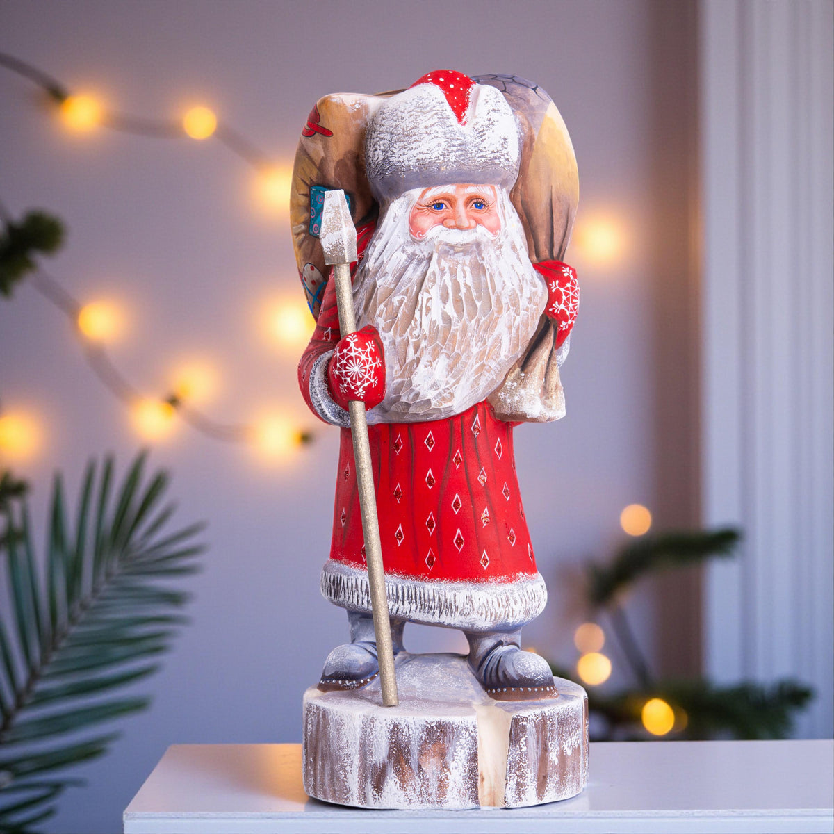 Hand carved wooden Santa figurine 11 inch, workshop fireplace scene, rustic mantel centerpiece decor