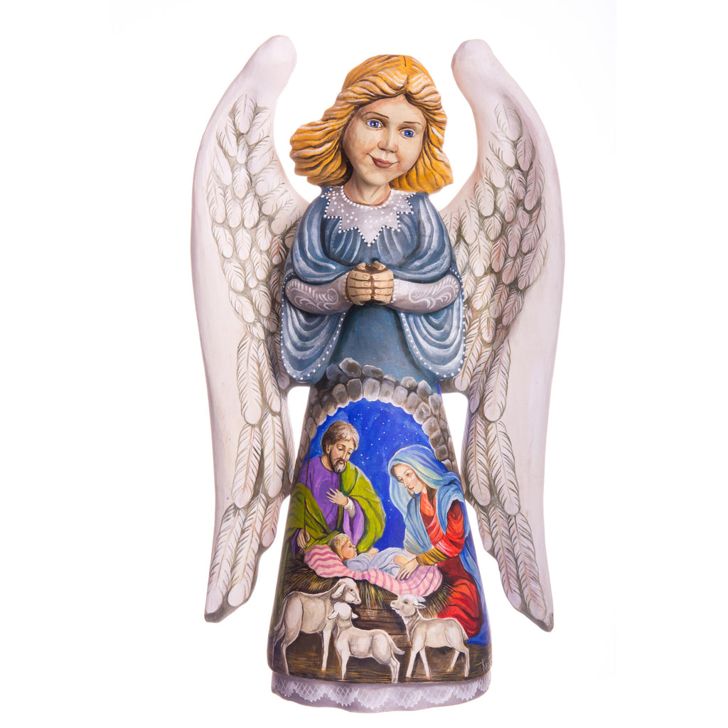 Hand carved angel figurine 12.9 inch, Holy Family Nativity, mantel display