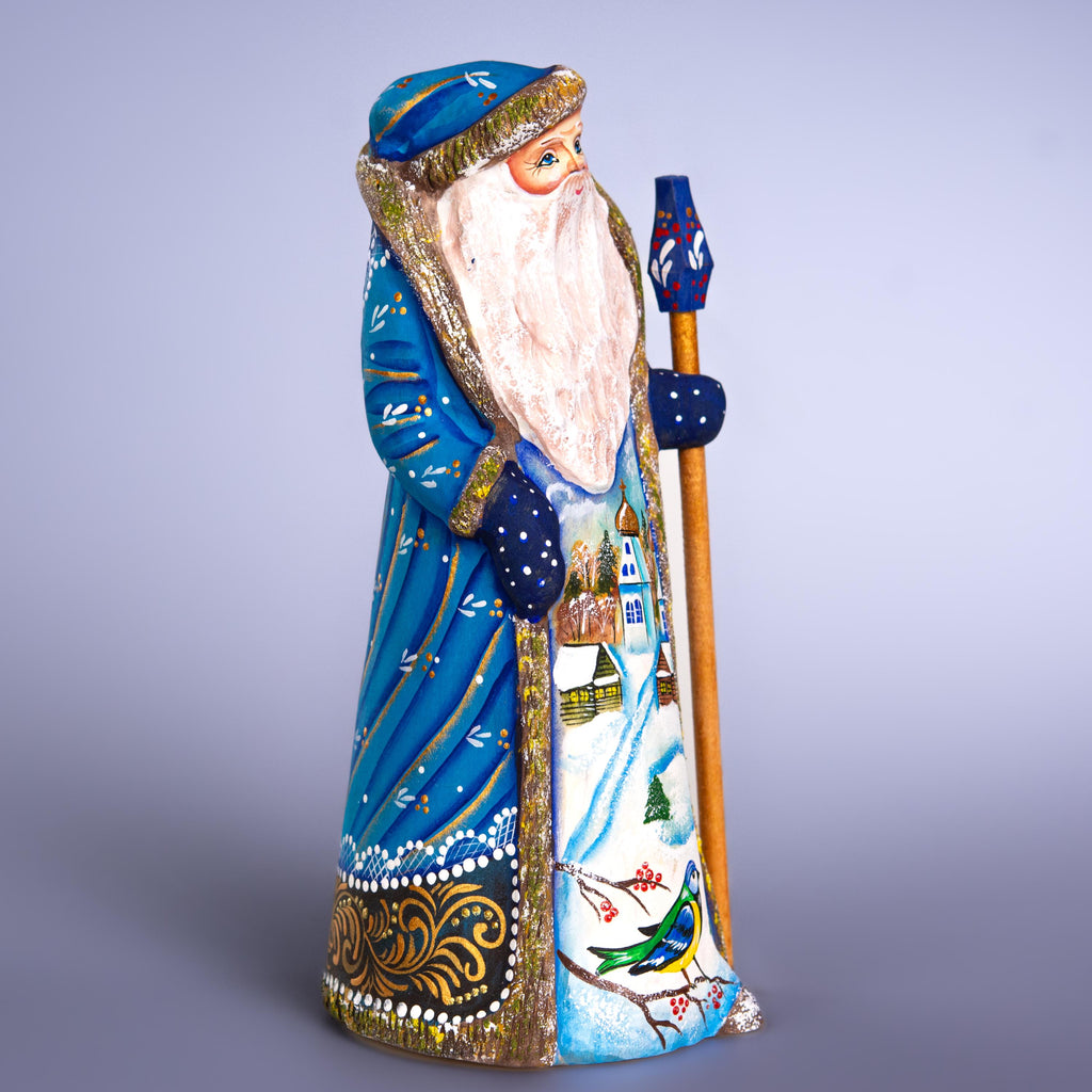 Hand Carved Wooden Santa Figurine 9 inch, Blue Coat, Winter Church