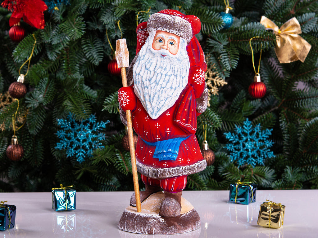 Hand carved Santa wooden figurine 11 inch, toy sack, mantel decor